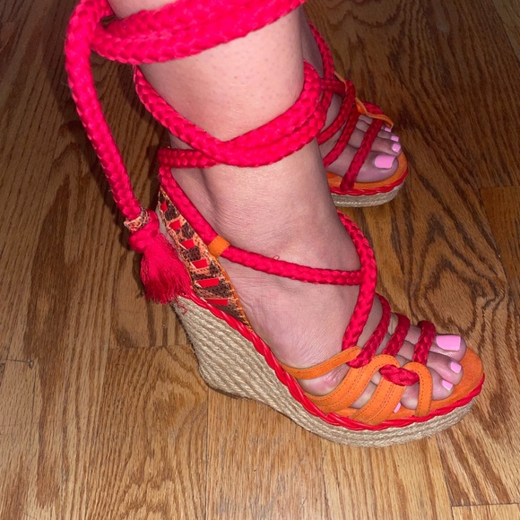 Vintage Dior Tahiti Gladiator Espadrille Sandals Orange Red Pre-Owned 37 1/2 - Picture 2 of 16